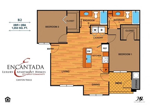 Floor plan for 2 beds, 2 baths, 1053 sqft